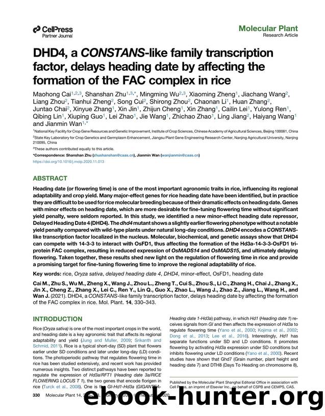 DHD4, a CONSTANS-like family transcription factor, delays heading date by affecting the formation of the FAC complex in rice by unknow
