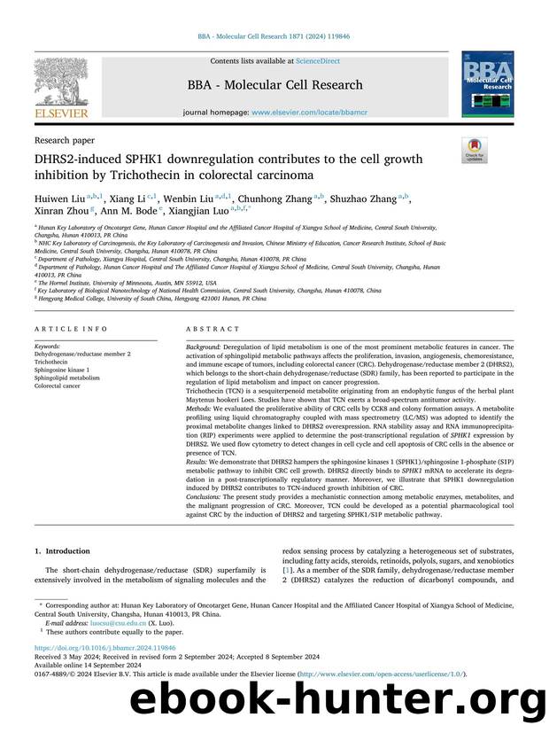 DHRS2-induced SPHK1 downregulation contributes to the cell growth inhibition by Trichothecin in colorectal carcinoma by unknow