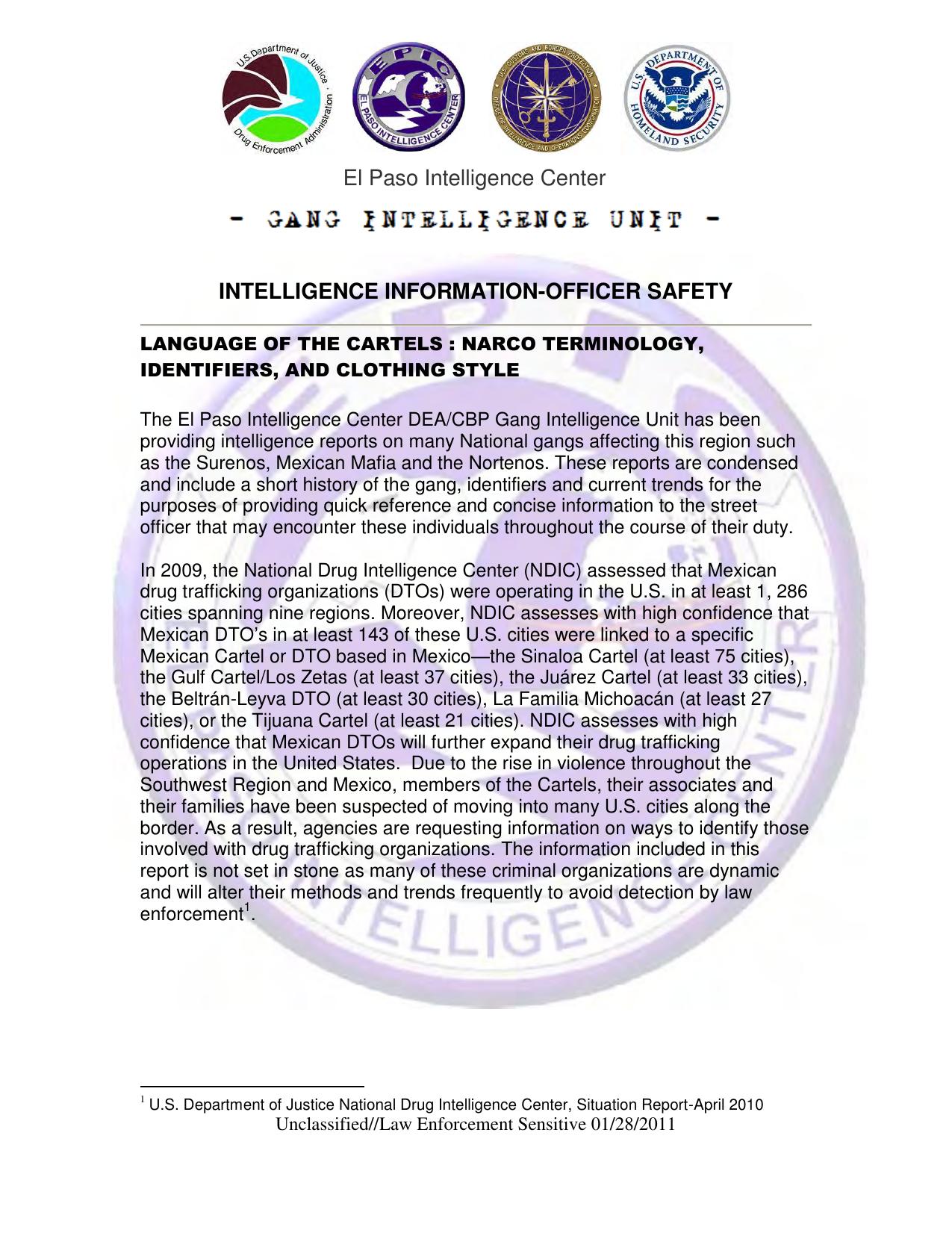 DHS CBP EPIC Gang Intelligence Unit Language of the Cartels Narco Terminology Identifiers and Clothing Style by esther DGF