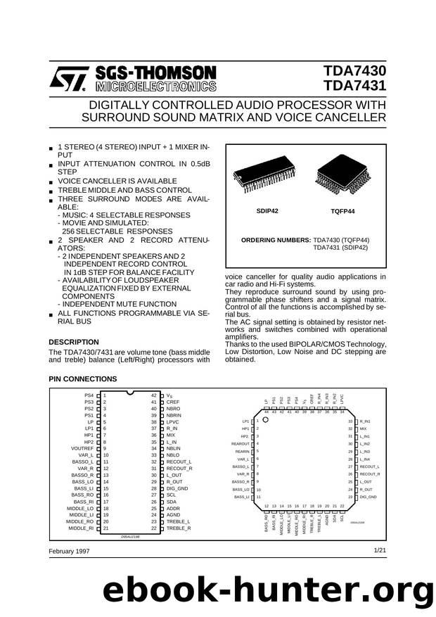 DIGITALLY CONTROLLED AUDIO PROCESSOR WITH SURROUND SOUND MATRIX AND VOICE CANCELLER by SGS-THOMSON Microelectronics