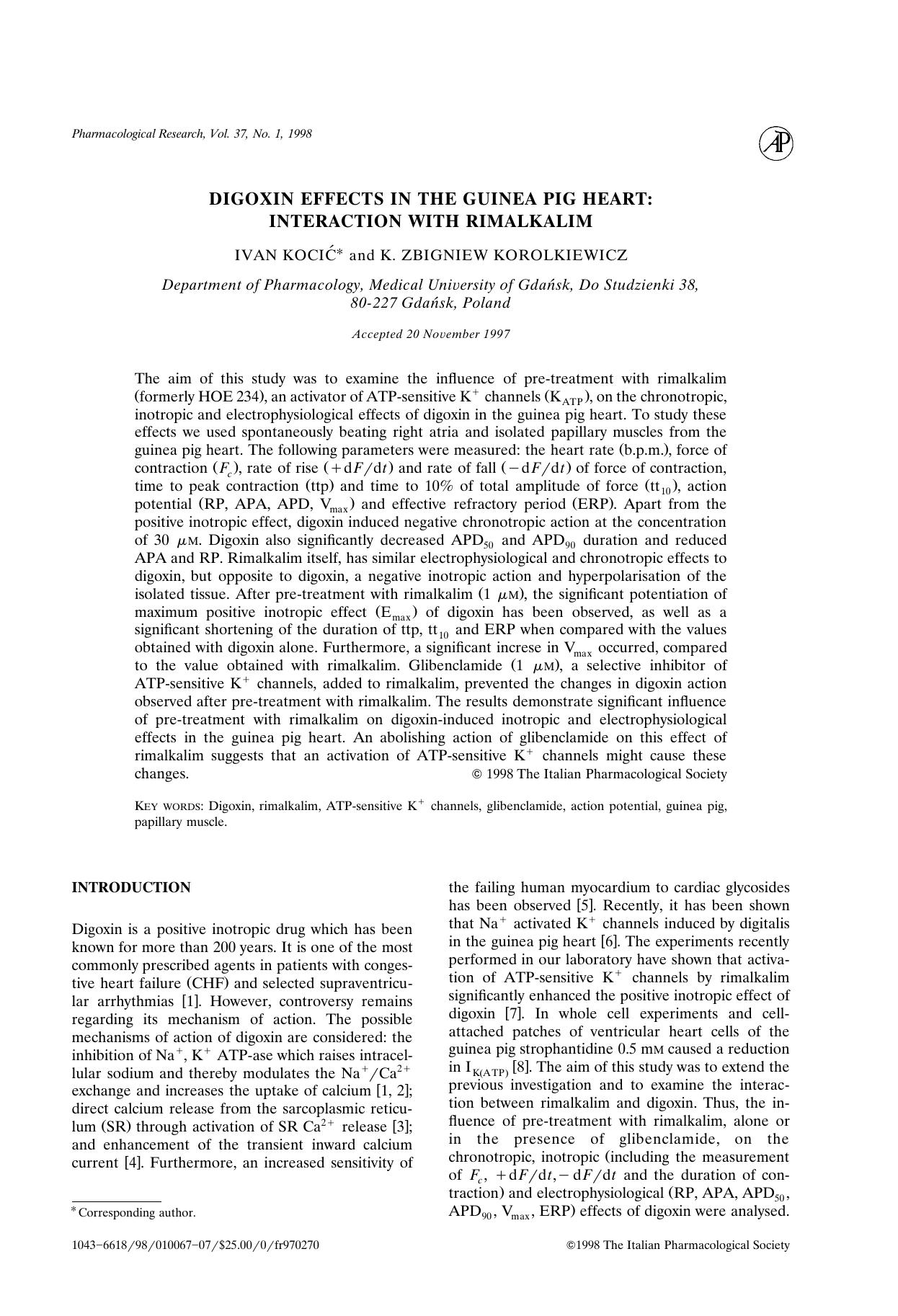 DIGOXIN EFFECTS IN THE GUINEA PIG HEART: INTERACTION WITH RIMALKALIM by KOCIC I & KOROLKIEWICZ K.Z