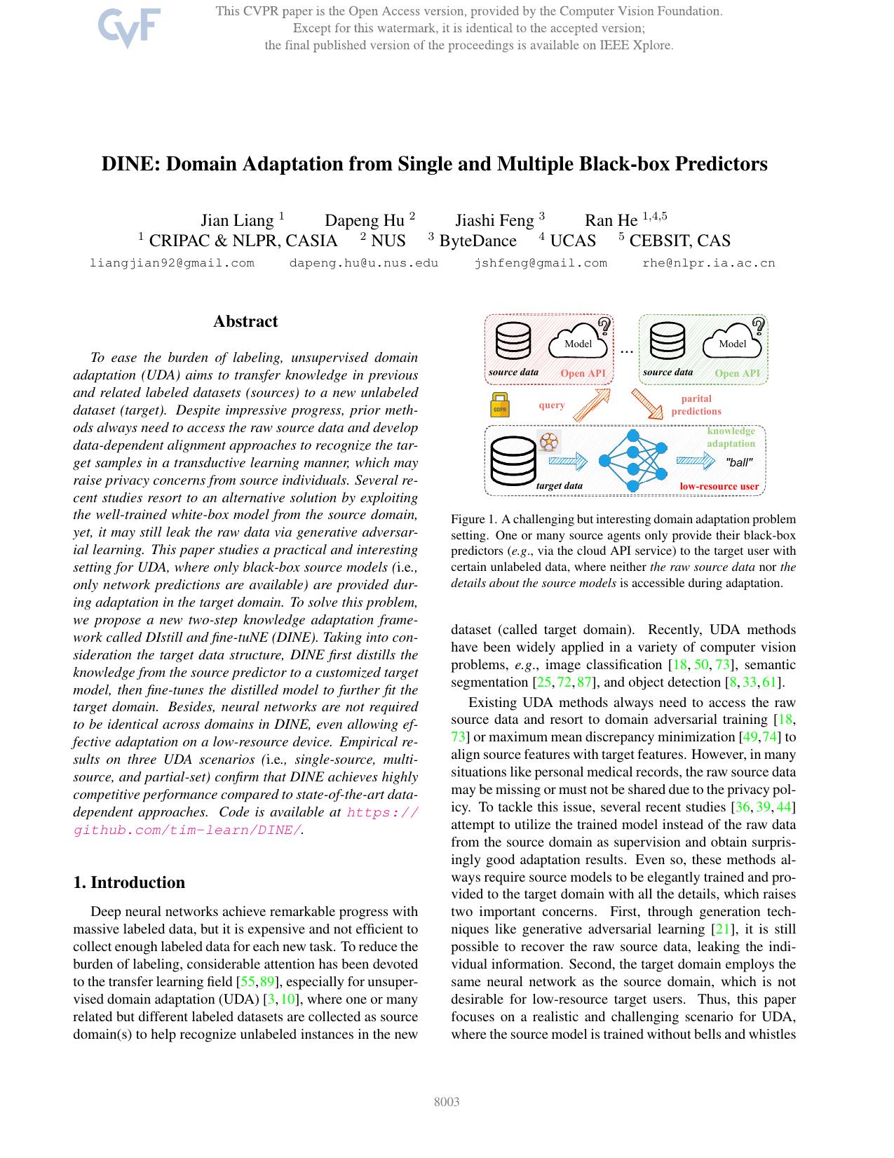 DINE: Domain Adaptation From Single and Multiple Black-Box Predictors by Jian Liang & Dapeng Hu & Jiashi Feng & Ran He