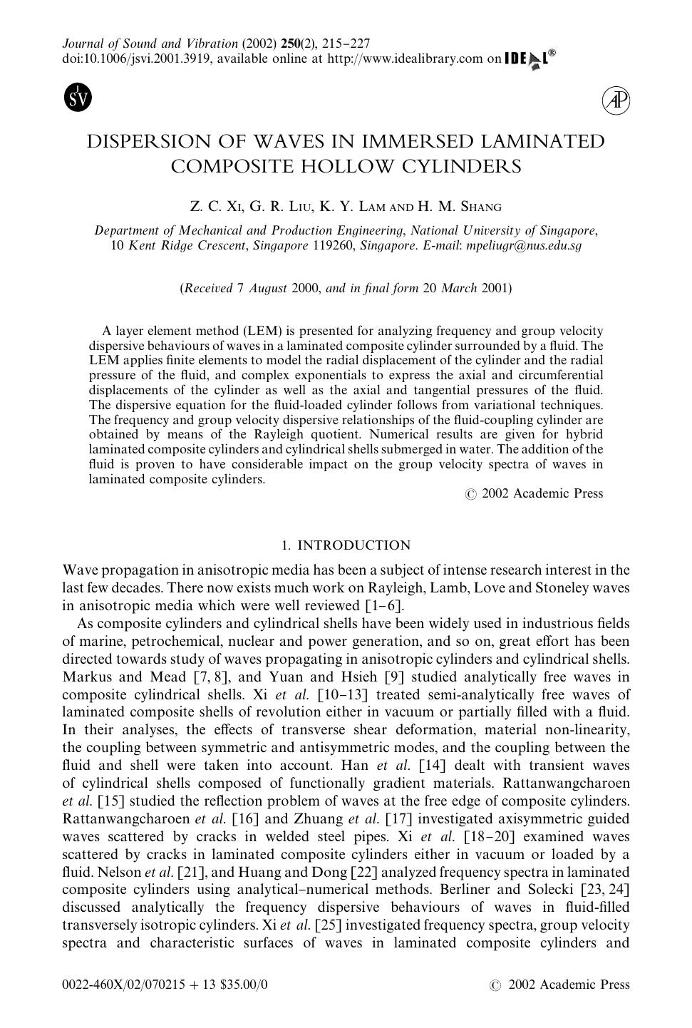 DISPERSION OF WAVES IN IMMERSED LAMINATED COMPOSITE HOLLOW CYLINDERS by XI Z. C. et al