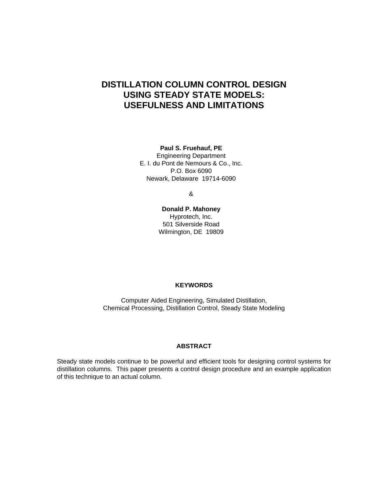 DISTILLATION COLUMN CONTROL DESIGN by Donald P. Mahoney