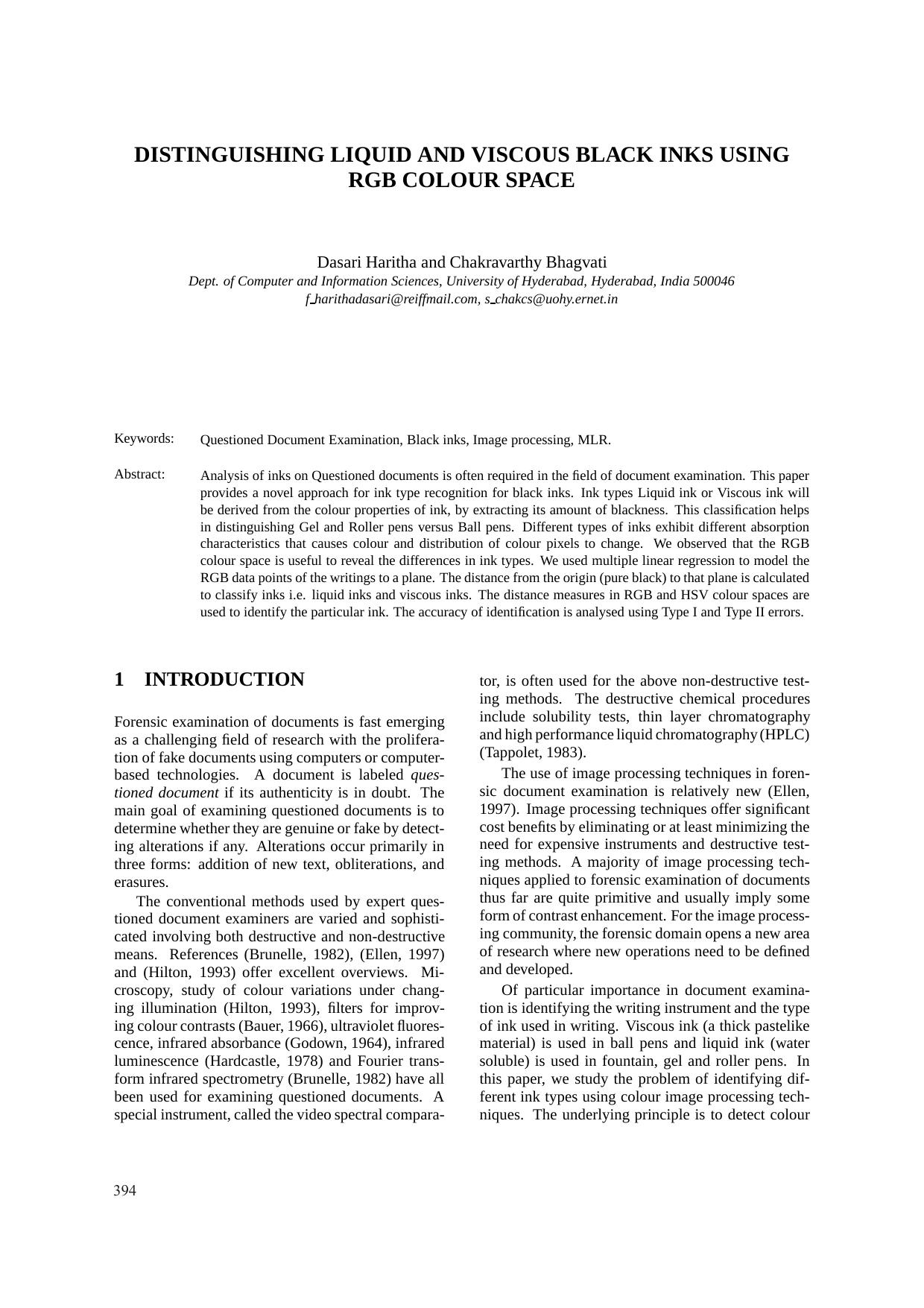 DISTINGUISHING LIQUID AND VISCOUS BLACK INKS USING RGB COLOUR SPACE by Dasari Haritha & Chakravarthy Bhagvati
