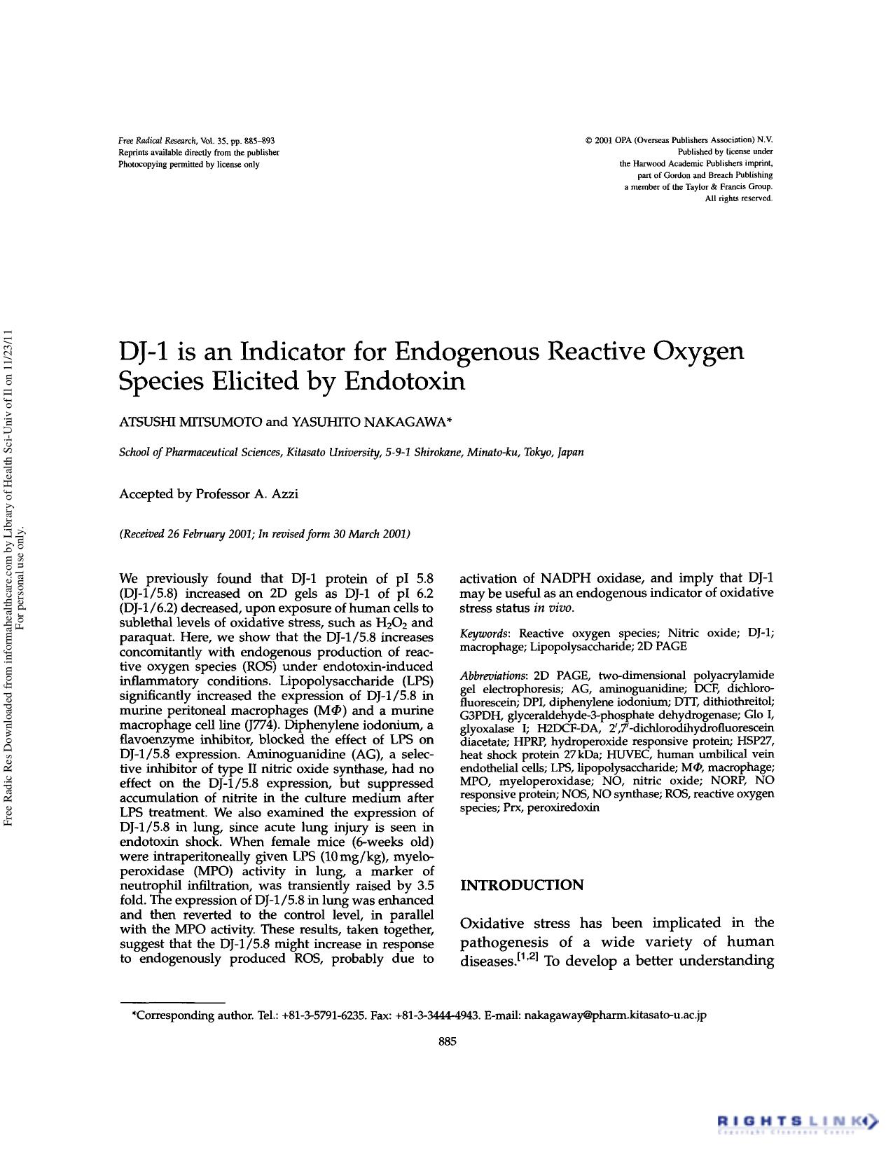 DJ-1 is an indicator for endogenous reactive oxygen species elicited by endotoxin by Atsushi Mitsumoto & Yasuhito Nakagawa