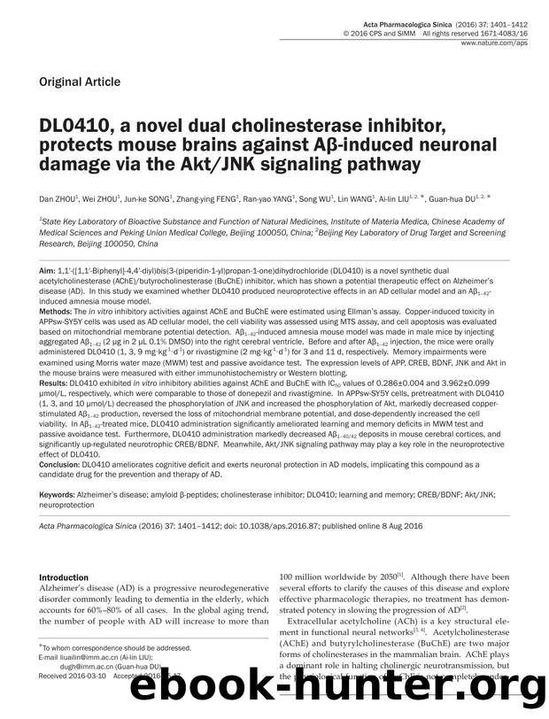 DL0410, a novel dual cholinesterase inhibitor, protects mouse brains against AÎ²-induced neuronal damage via the AktJNK signaling pathway by unknow