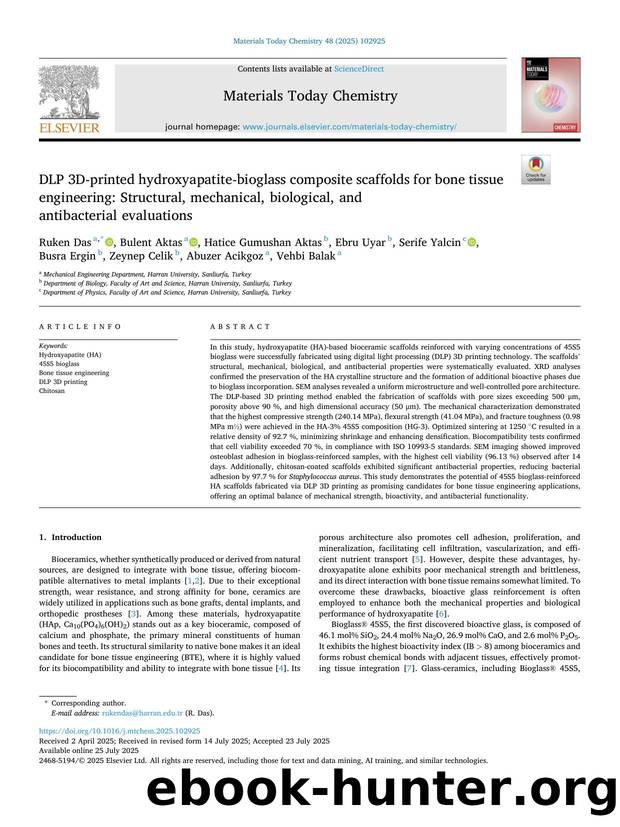 DLP 3D-printed hydroxyapatite-bioglass composite scaffolds for bone tissue engineering: Structural, mechanical, biological, and antibacterial evaluations by unknow
