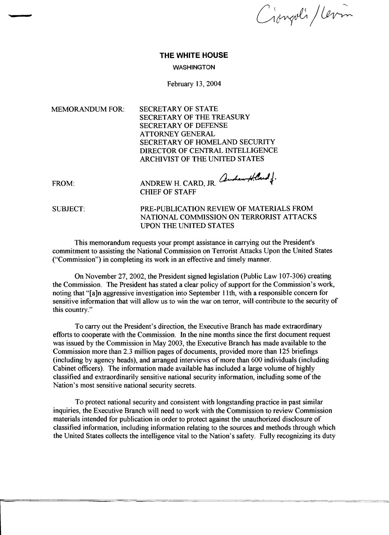 DM B2 Adam Ciongoli Fdr- Memos from Card and Gonzales to Executive Agencies re working w Commission 224 by Unknown