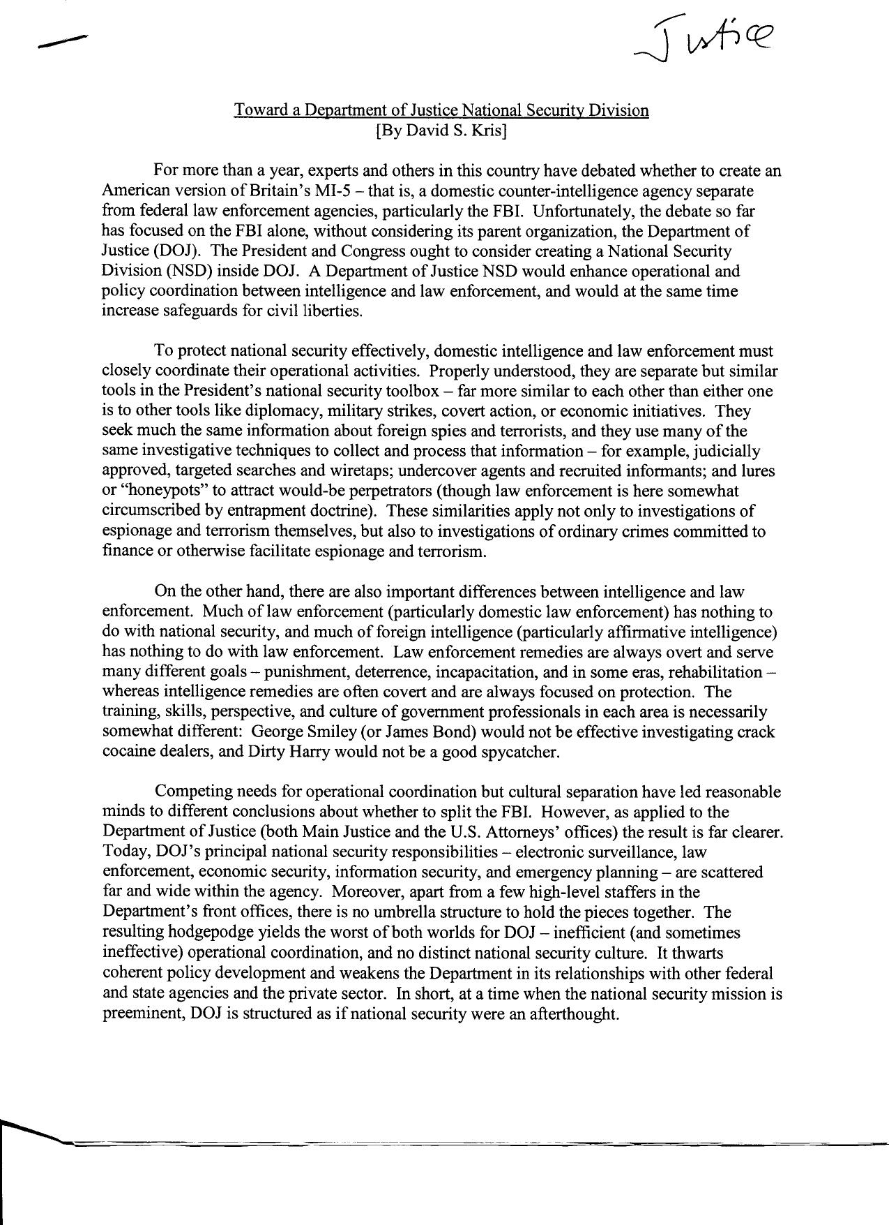 DM B4 Justice Dept 2 of 2 Fdr- Toward a Department of Justice National Security Division by David S Kris 346 by Unknown