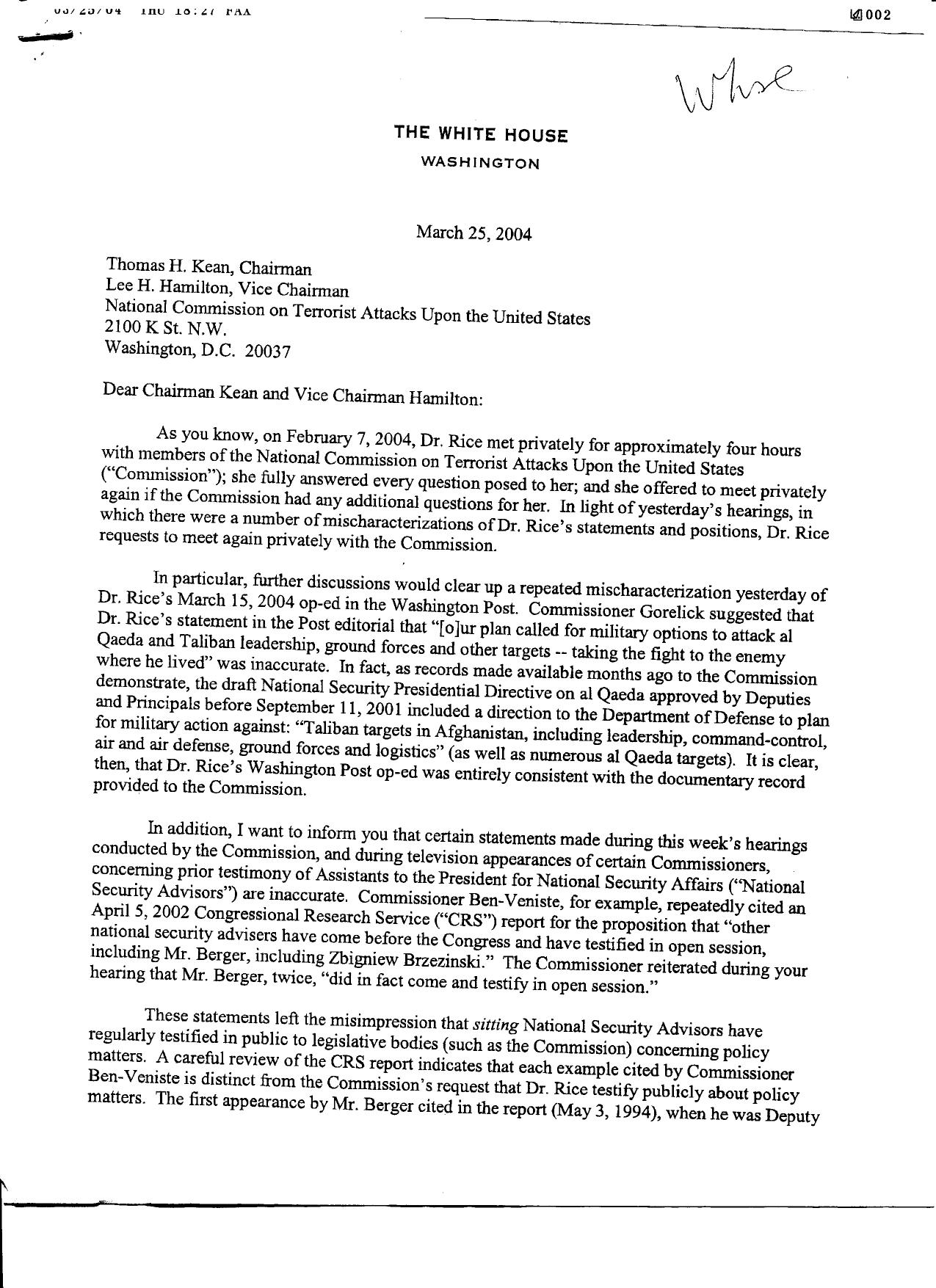 DM B7 White House 1 of 2 Fdr- 3-25-04 Letter from Gonzales re Rice Testimony- Mischaracterization of Record- Testimony of National Security Advisors 417 by Unknown