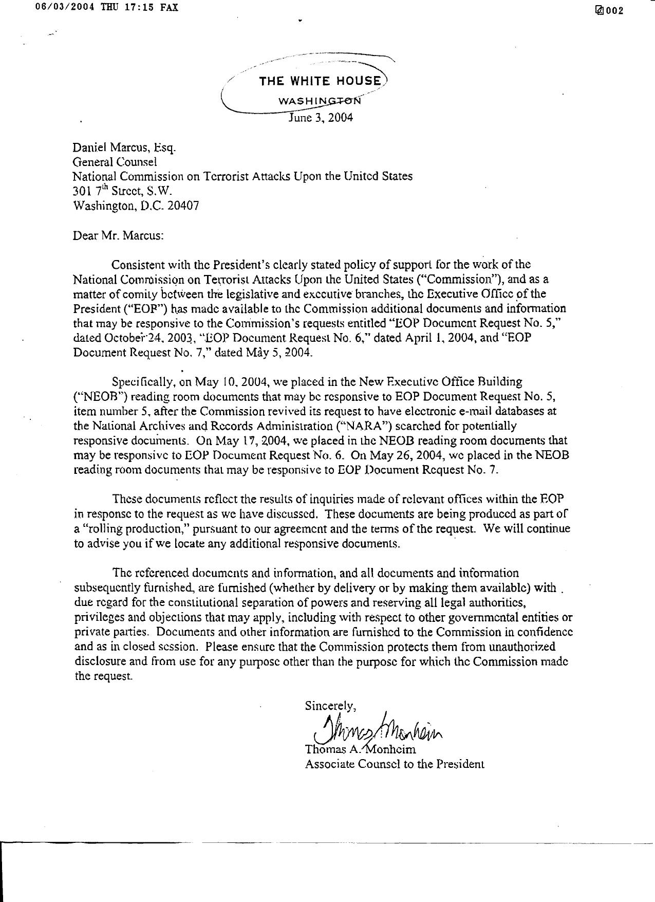 DM B7 White House 1 of 2 Fdr- 6-3-04- 5-5-04 and 4-16-04 Letters re Access to Documents in NEOB Reading Room incl Clinton Documents 412 by Unknown