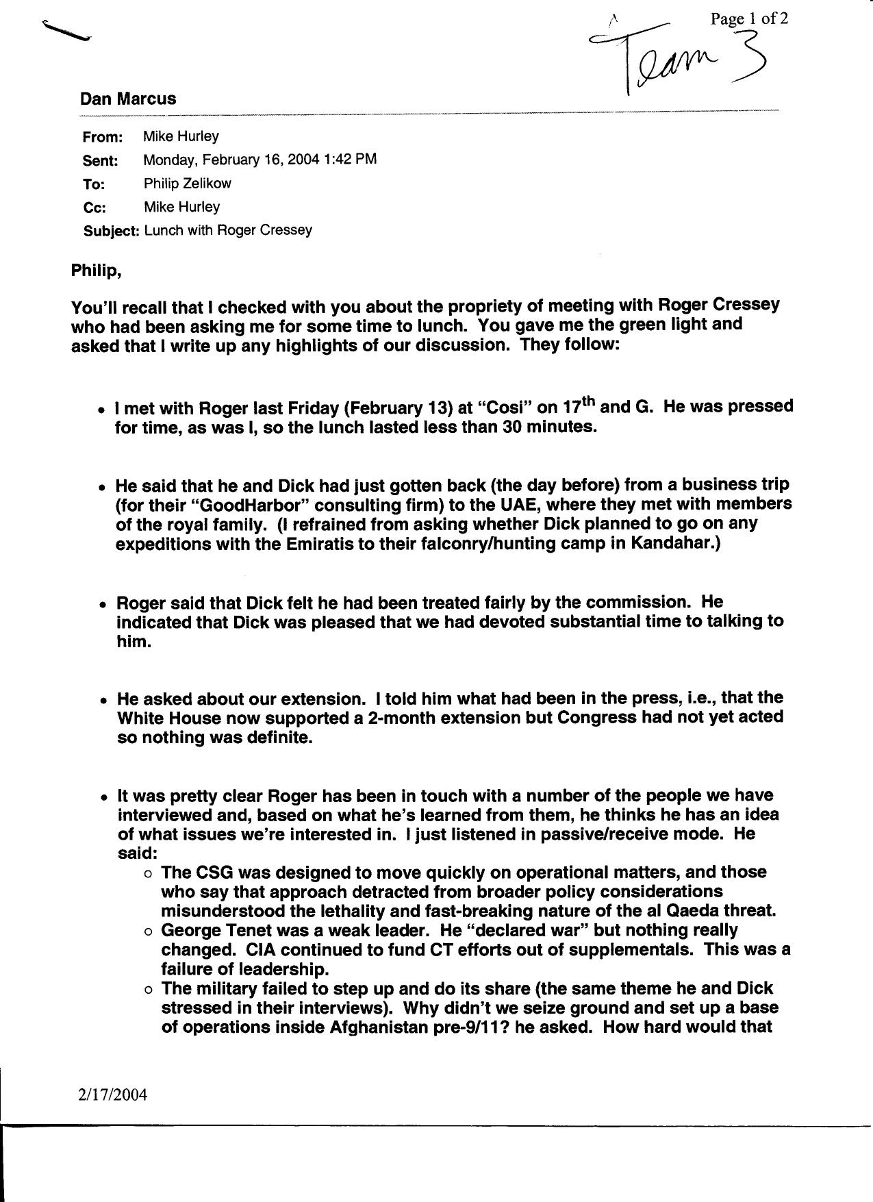 DM B8 Team 3 Fdr- 2-16-04 Email from Hurley to Zelkow re Cressey Meeting re GoodHarbor- Clarke- CSG- Tenet- CIA- Military- NSC- DOD- FBI 461 by Unknown
