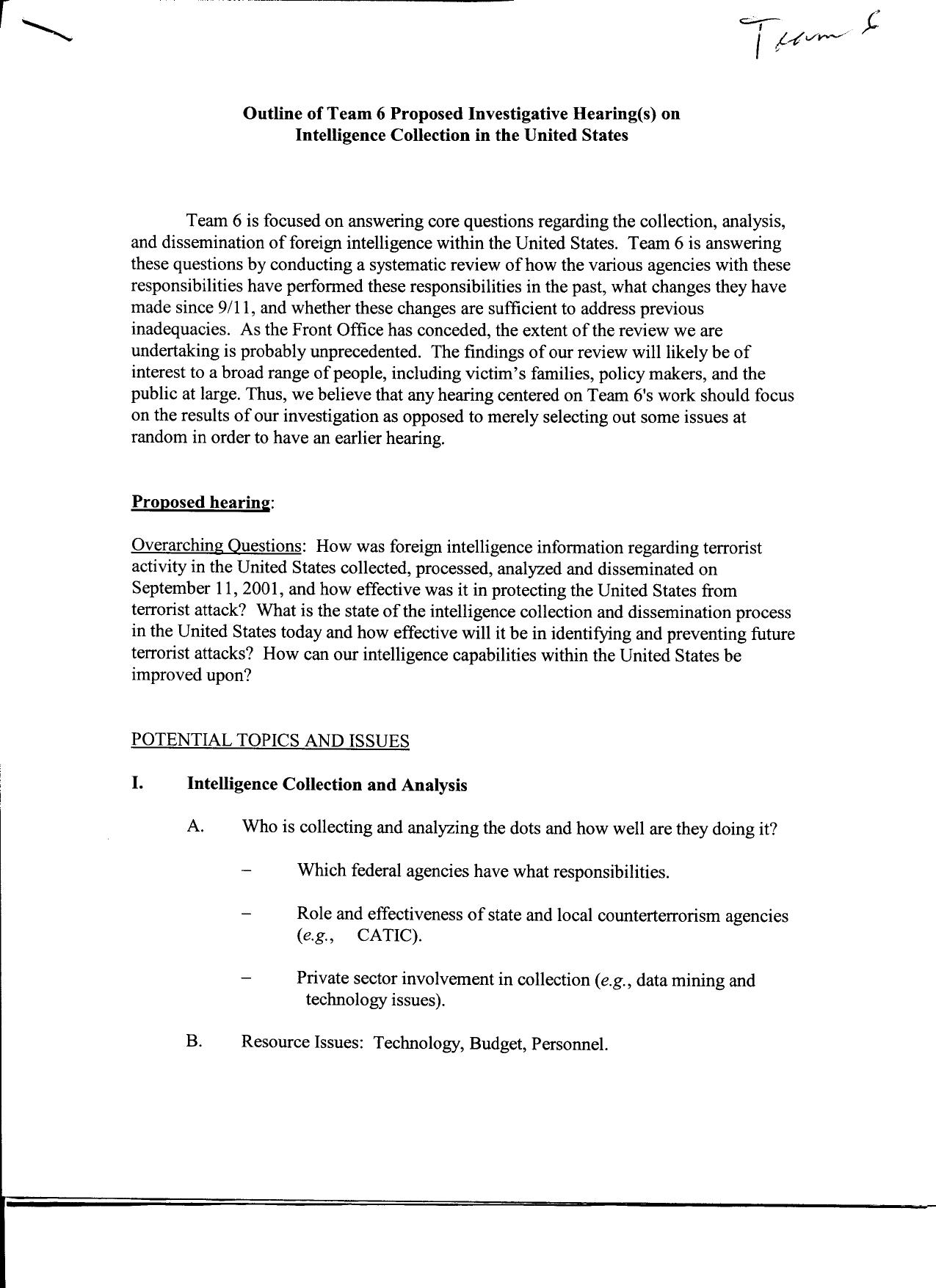 DM B8 Team 6 Fdr- Outline of Team 6 Proposed Investigative Hearing on Intelligence Collection in the US 480 by Unknown