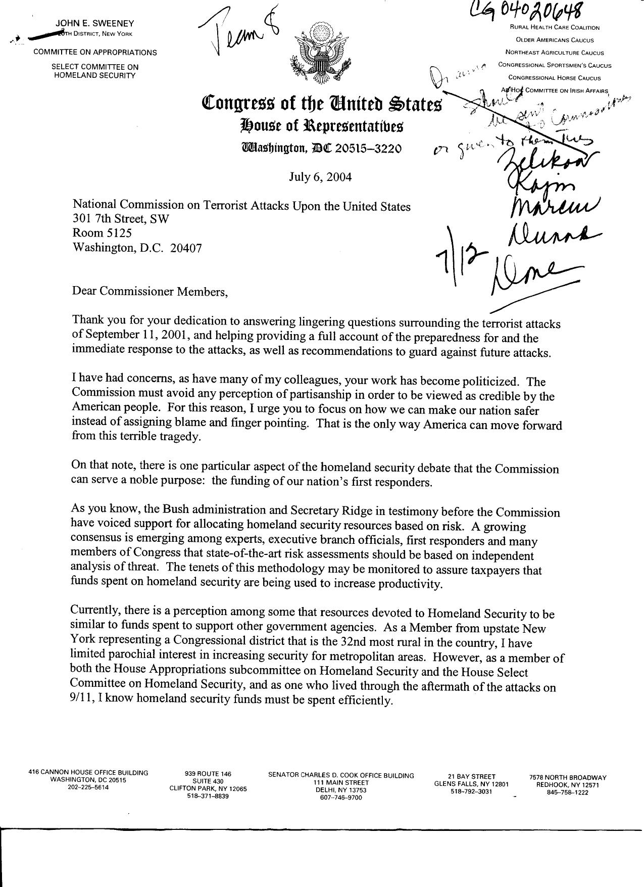 DM B8 Team 8 Fdr- 7-6-04 Letter from Sweeney re Funds for First Responders and Commission Credibility 501 by Unknown