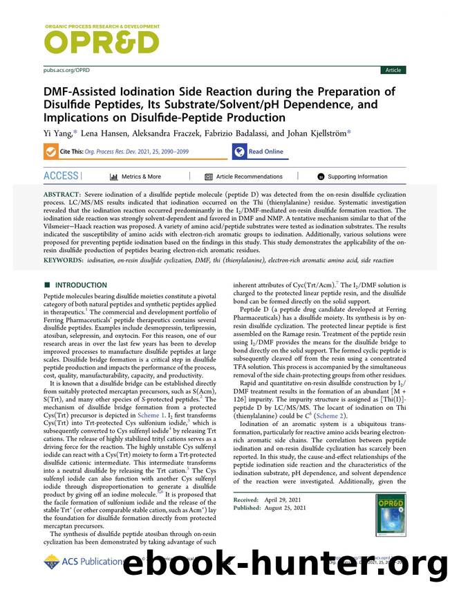 DMF-Assisted Iodination Side Reaction during the Preparation of Disulfide Peptides, Its SubstrateSolventpH Dependence, and Implications on Disulfide-Peptide Production by Yi Yang Lena Hansen Aleksandra Fraczek Fabrizio Badalassi and Johan Kjellström
