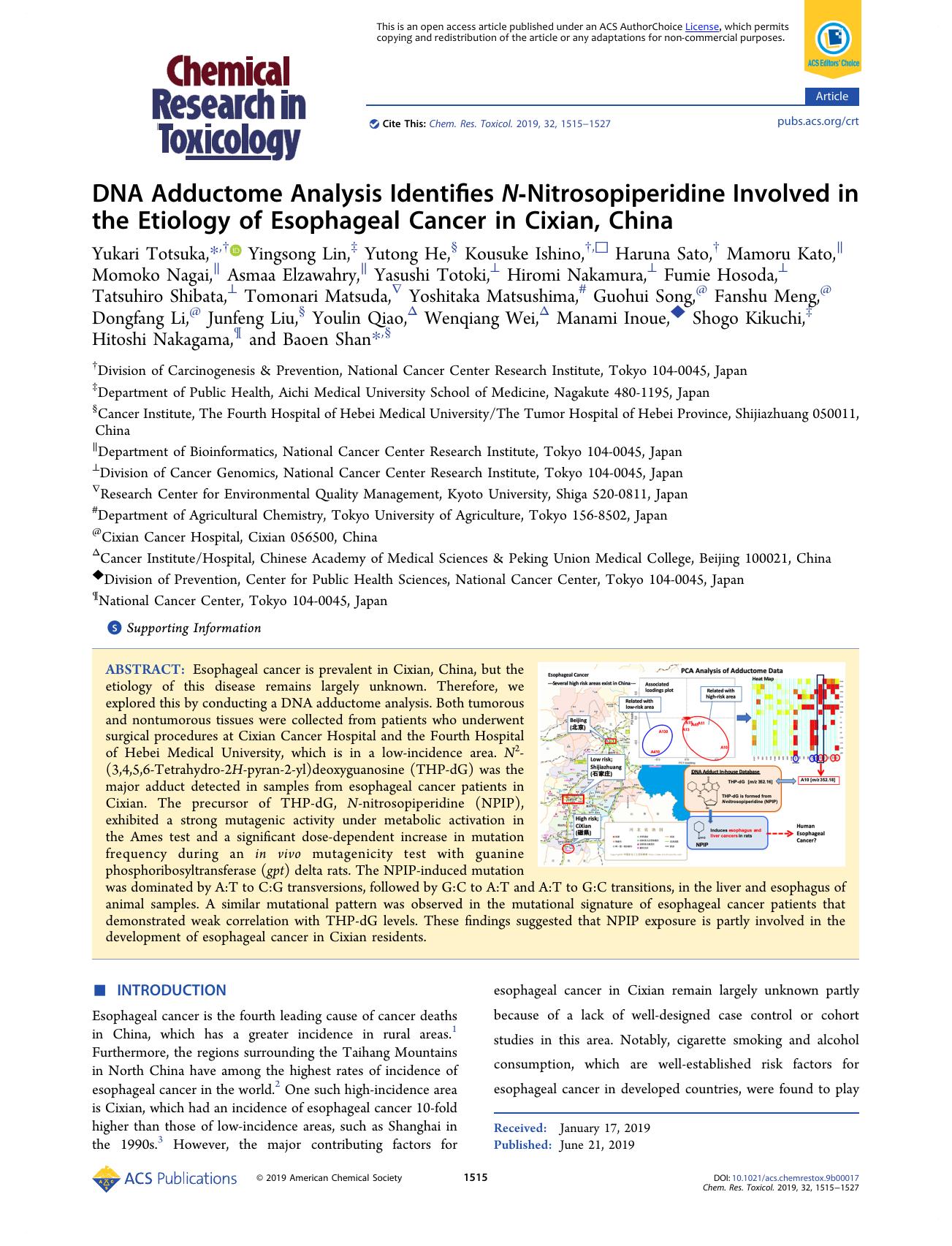 DNA Adductome Analysis Identifies N-Nitrosopiperidine Involved in the Etiology of Esophageal Cancer in Cixian, China by unknow
