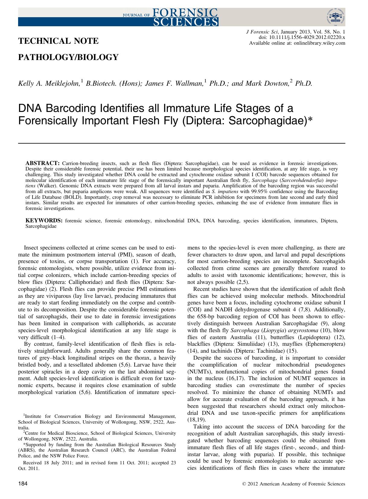 DNA Barcoding Identifies all Immature Life Stages of a Forensically Important Flesh Fly (Diptera: Sarcophagidae) by Unknown