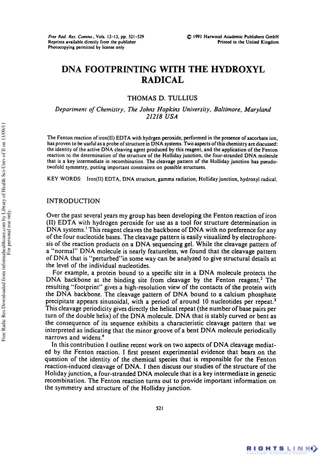 DNA Footprinting with the Hydroxyl Radical by Thomas D. Tullius