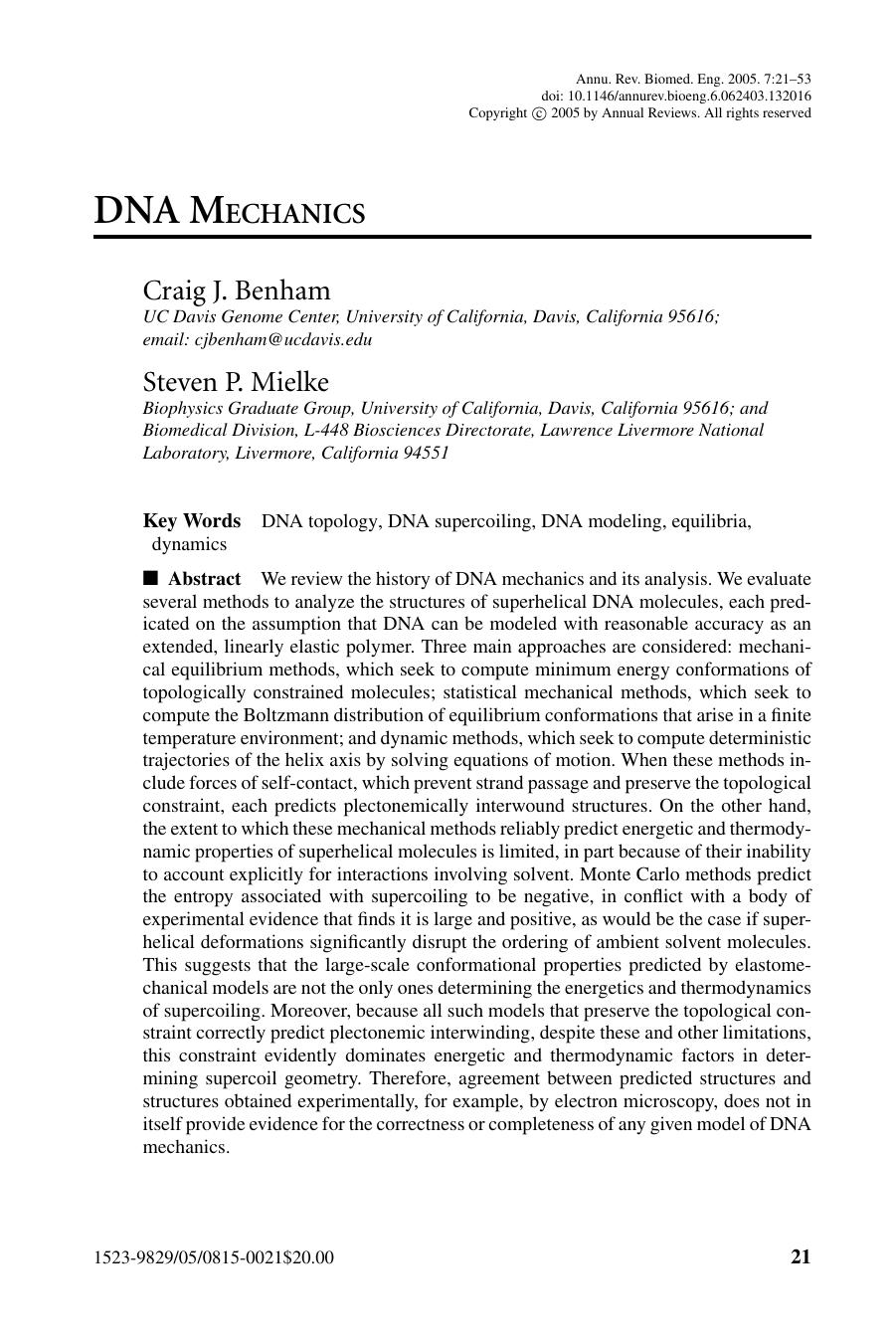DNA MECHANICS by Craig J. Benham Steven P. Mielke