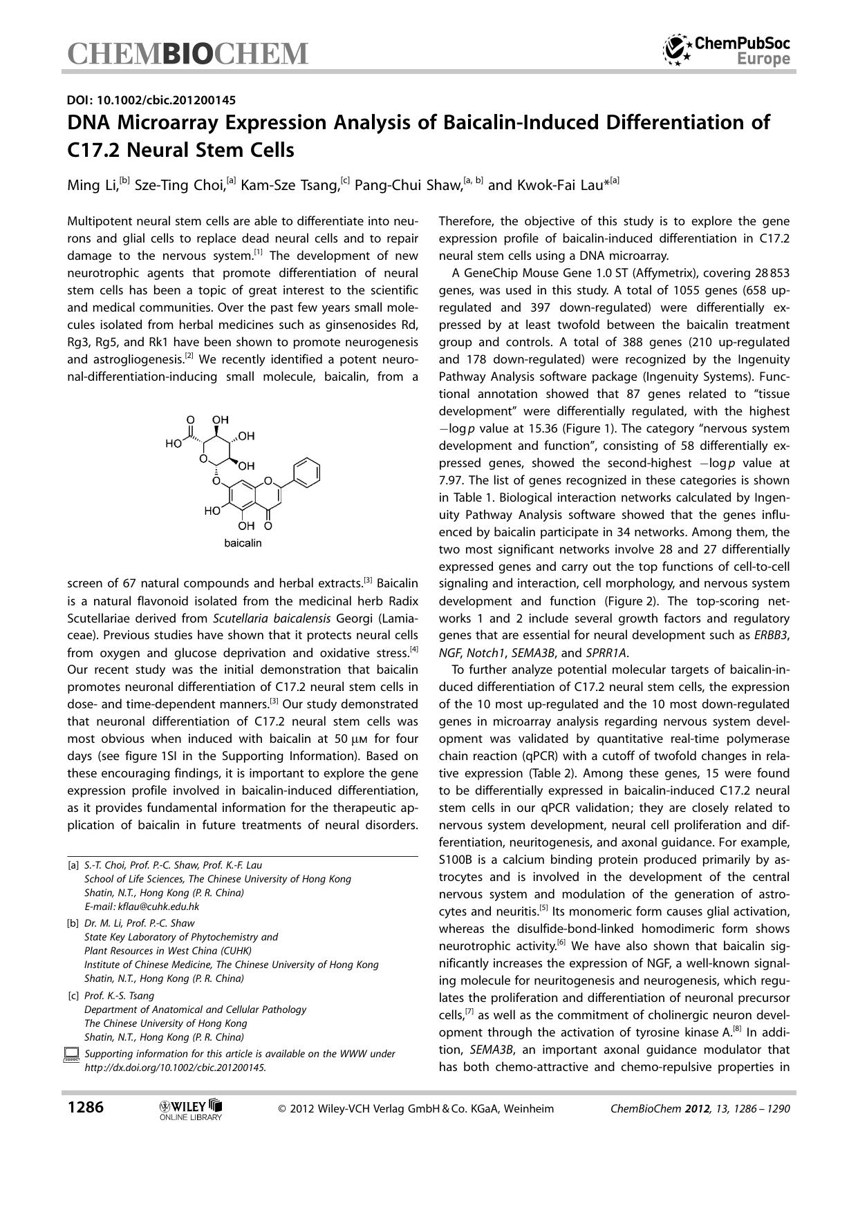 DNA Microarray Expression Analysis of BaicalinInduced Differentiation of C17.2 Neural Stem Cells by Unknown