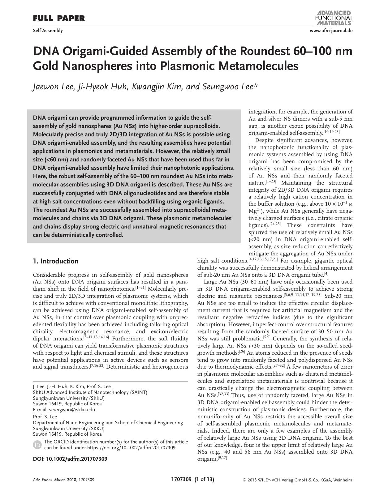 DNA Origami&#x02010;Guided Assembly of the Roundest 60&#x02013;100 nm Gold Nanospheres into Plasmonic Metamolecules by Unknown