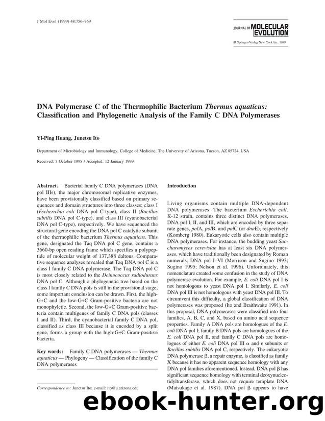 DNA Polymerase C of the Thermophilic Bacterium Thermus aquaticus: Classification and Phylogenetic Analysis of the Family C DNA Polymerases by Huang Y.-P. et al