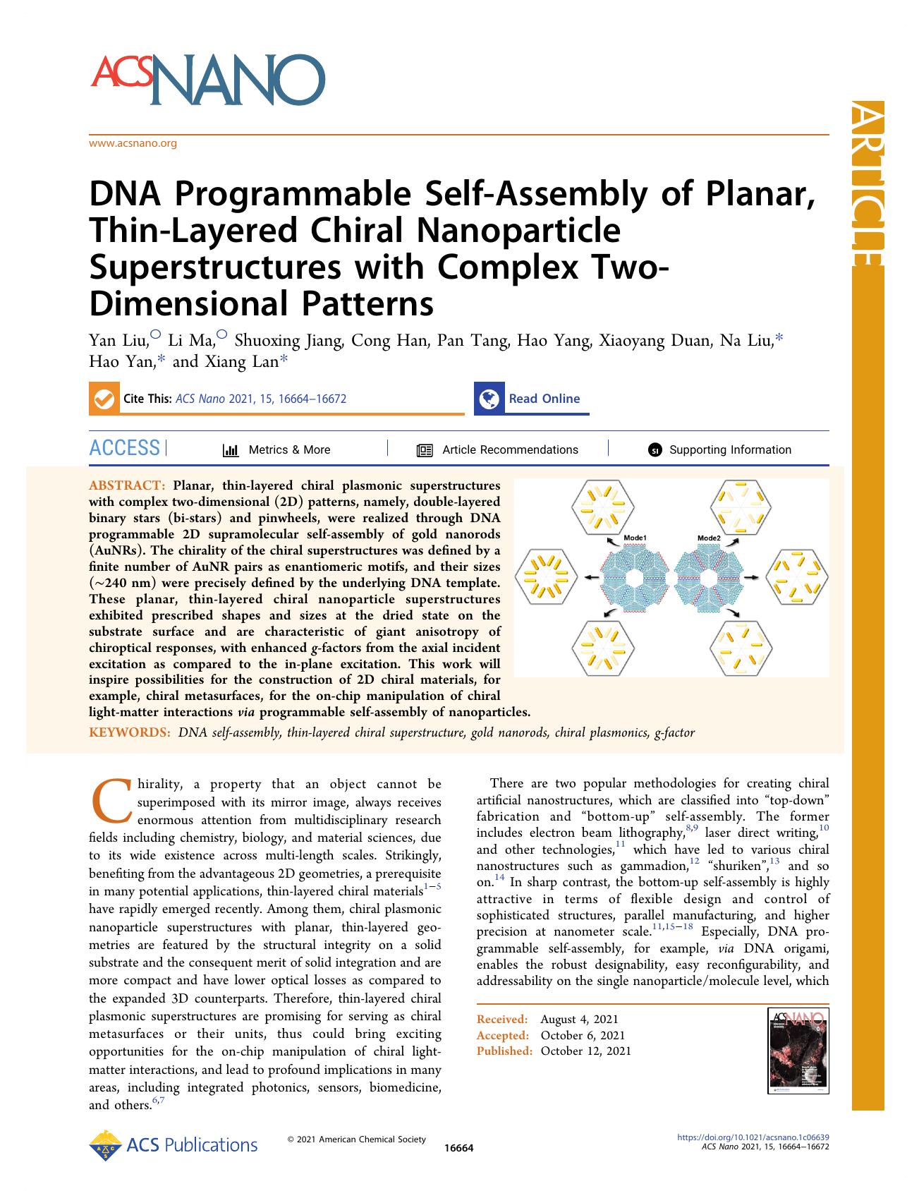 DNA Programmable Self-Assembly of Planar, Thin-Layered Chiral Nanoparticle Superstructures with Complex Two-Dimensional Patterns by unknow