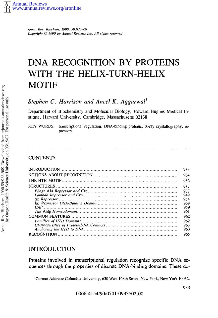 DNA Recognition by Proteins with the Helix-Turn-Helix Motif by S C Harrison & A K Aggarwal
