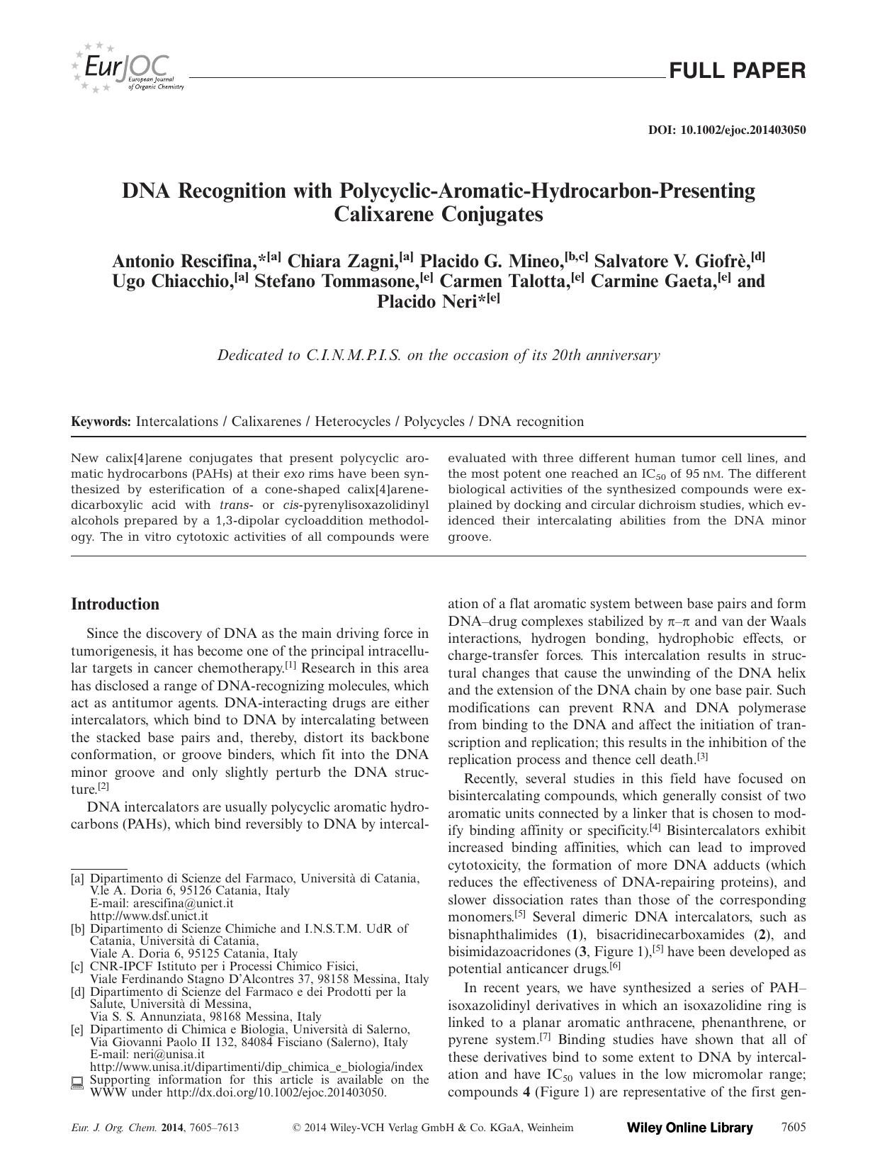 DNA Recognition with PolycyclicAromaticHydrocarbonPresenting Calixarene Conjugates by Unknown