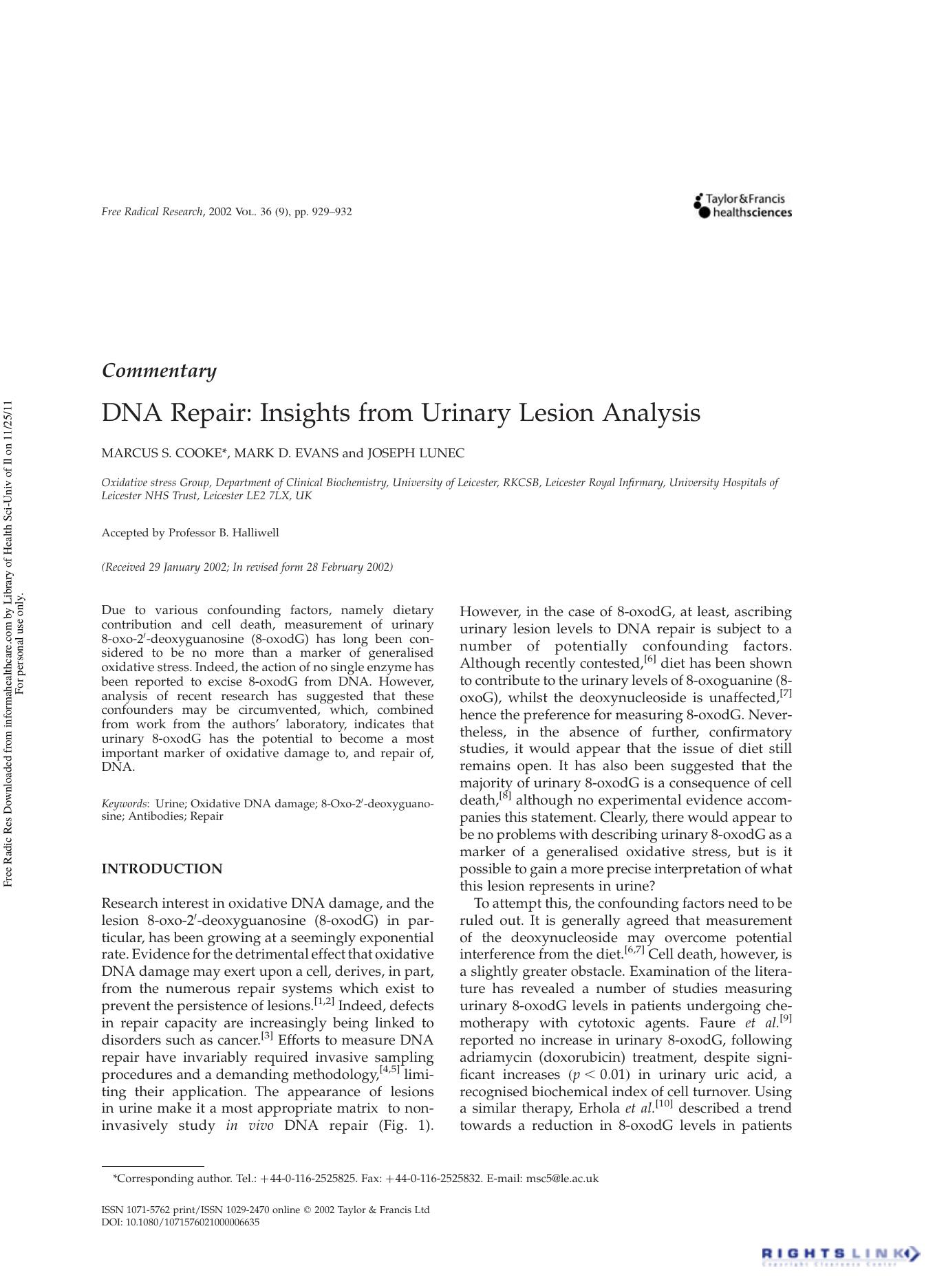 DNA Repair: Insights from Urinary Lesion Analysis by Marcus S. Cooke Mark D. Evans & Joseph Lunec