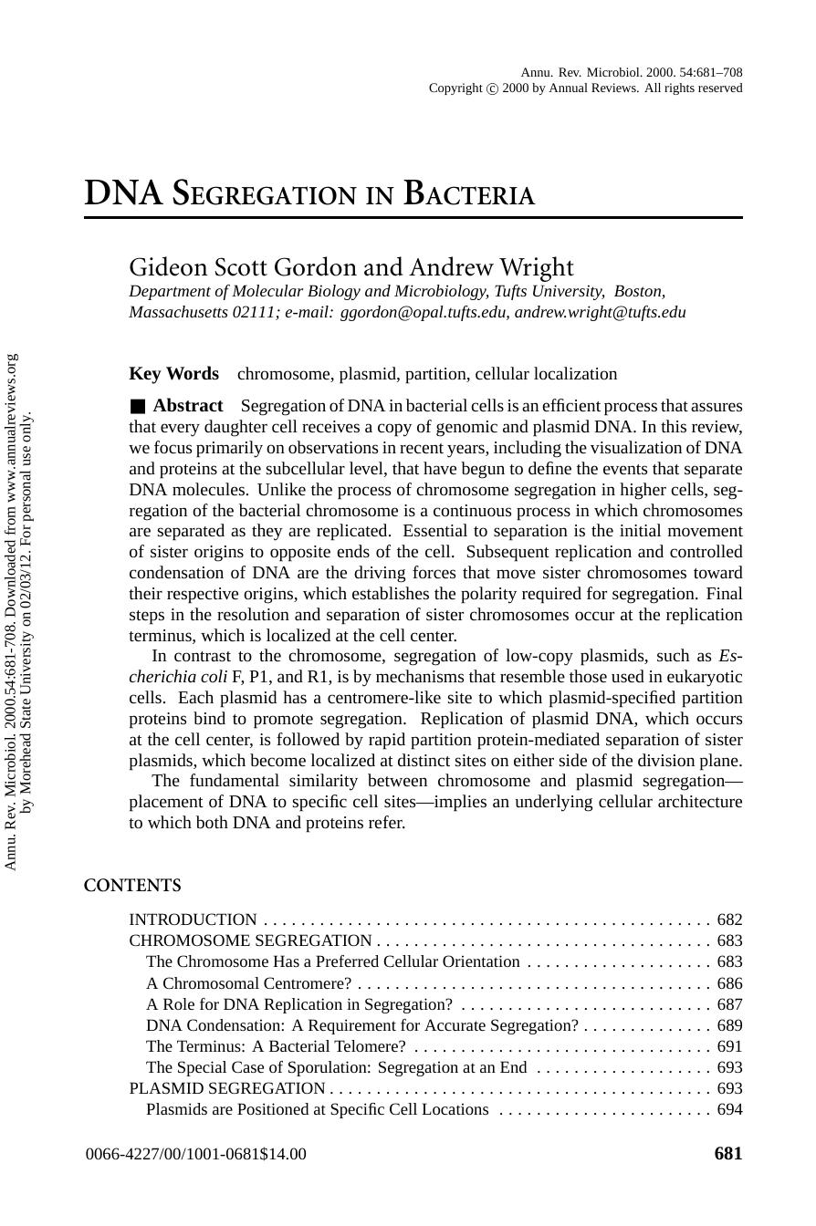 DNA SEGREGATION IN BACTERIA by Gideon Scott Gordon & Andrew Wright