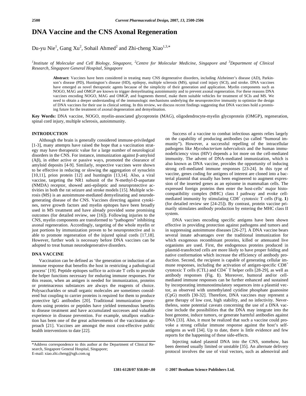 DNA Vaccine and the CNS Axonal Regeneration by Du-yu Nie ; Gang Xu ; Sohail Ahmed ; Zhi-cheng Xiao