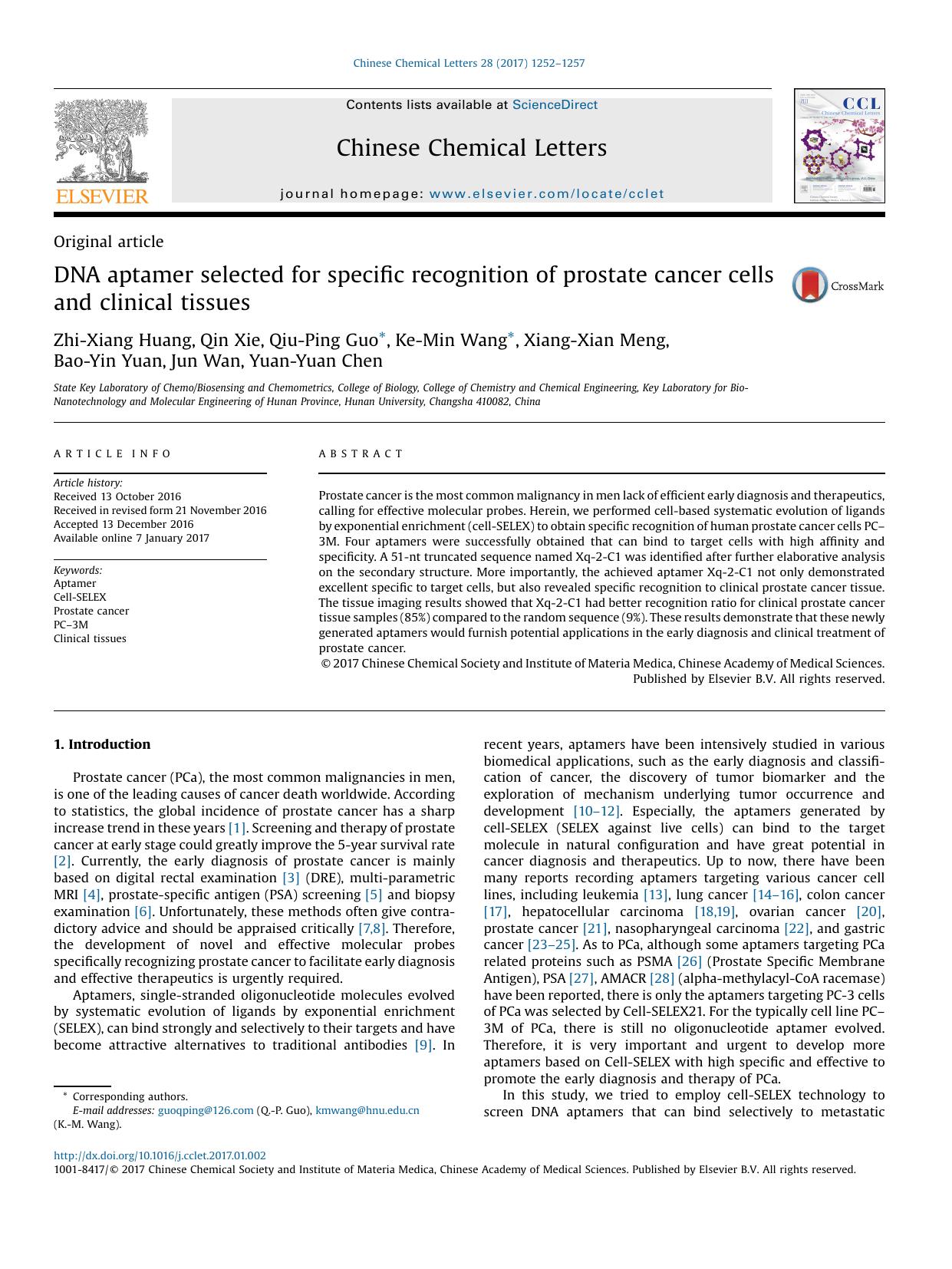 DNA aptamer selected for specific recognition of prostate cancer cells and clinical tissues by unknow