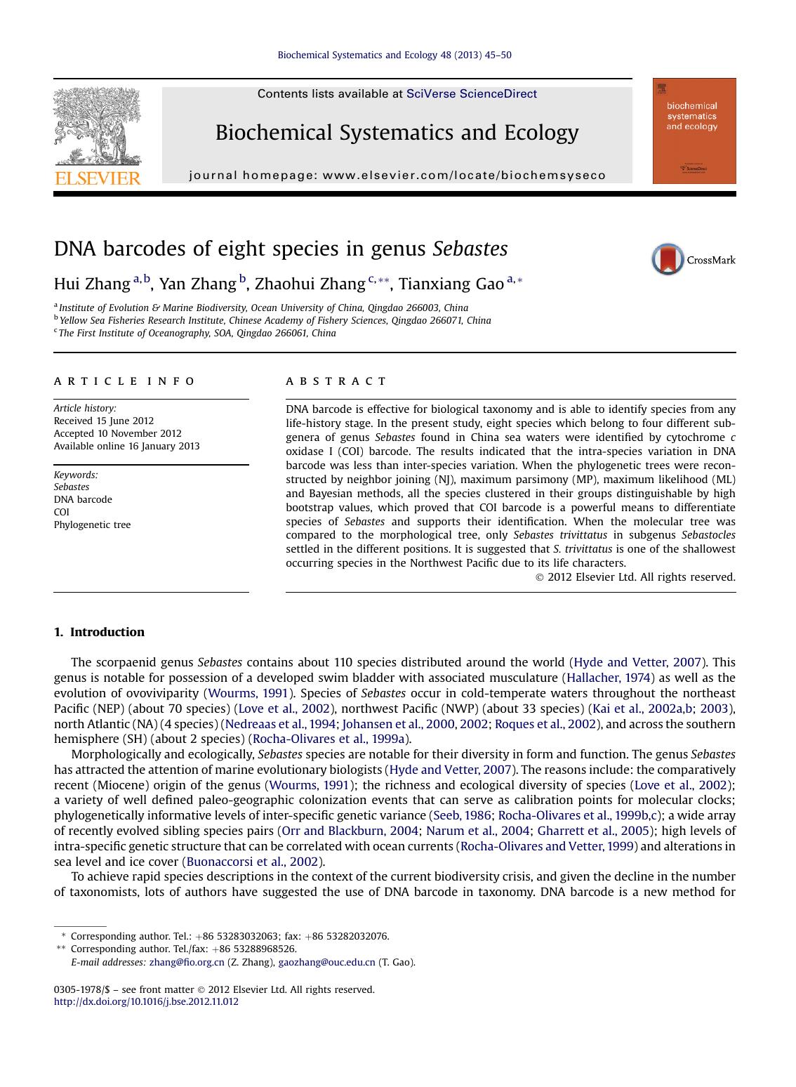 DNA barcodes of eight species in genus Sebastes by Hui Zhang & Yan Zhang & Zhaohui Zhang & Tianxiang Gao