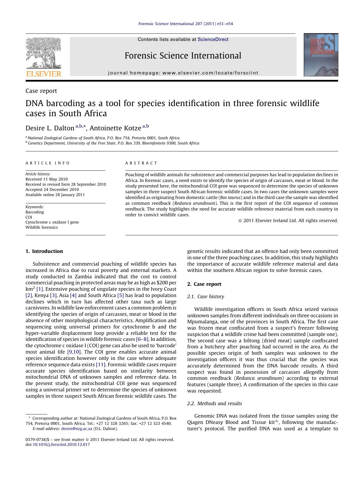 DNA barcoding as a tool for species identification in three forensic wildlife cases in South Africa by Desire L. Dalton