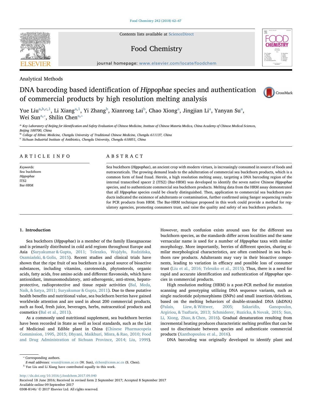 DNA barcoding based identification of Hippophae species and authentication of commercial products by high resolution melting analysis by unknow