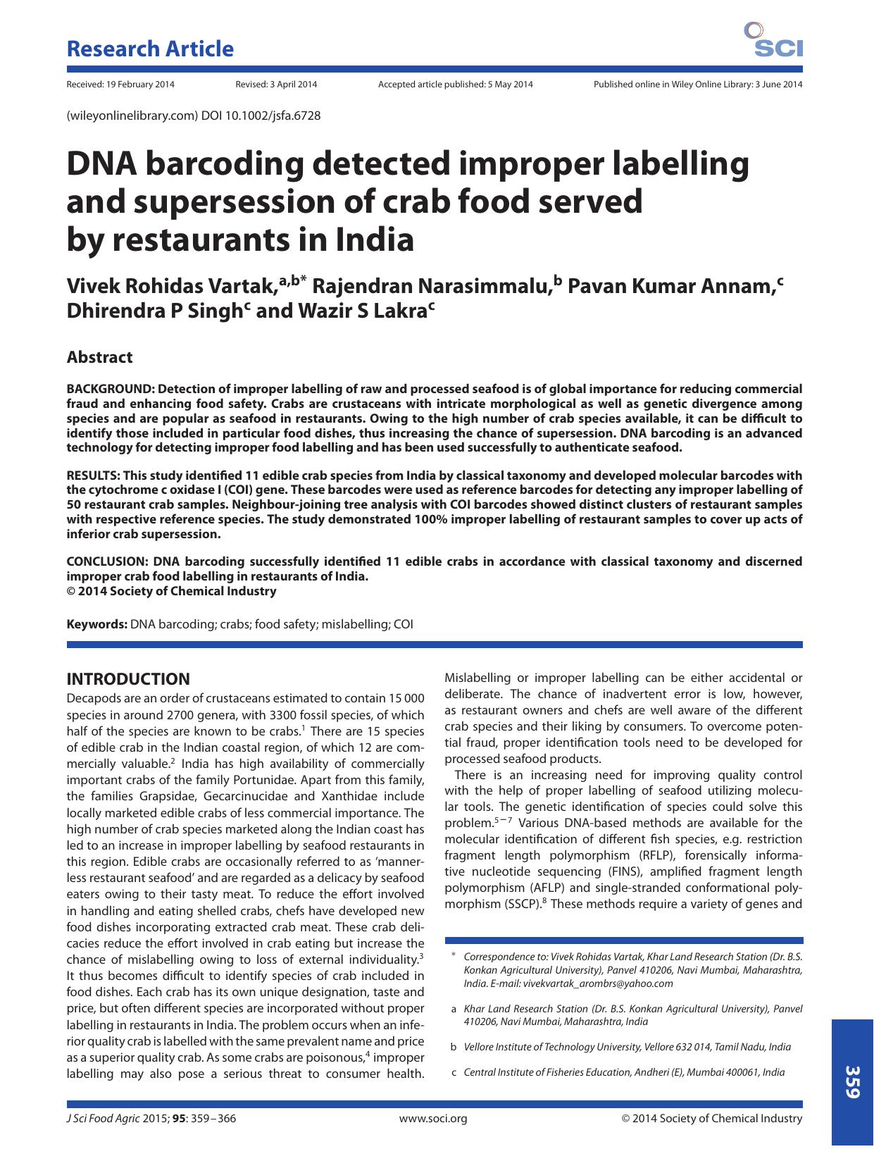 DNA barcoding detected improper labelling and supersession of crab food served by restaurants in India by Unknown