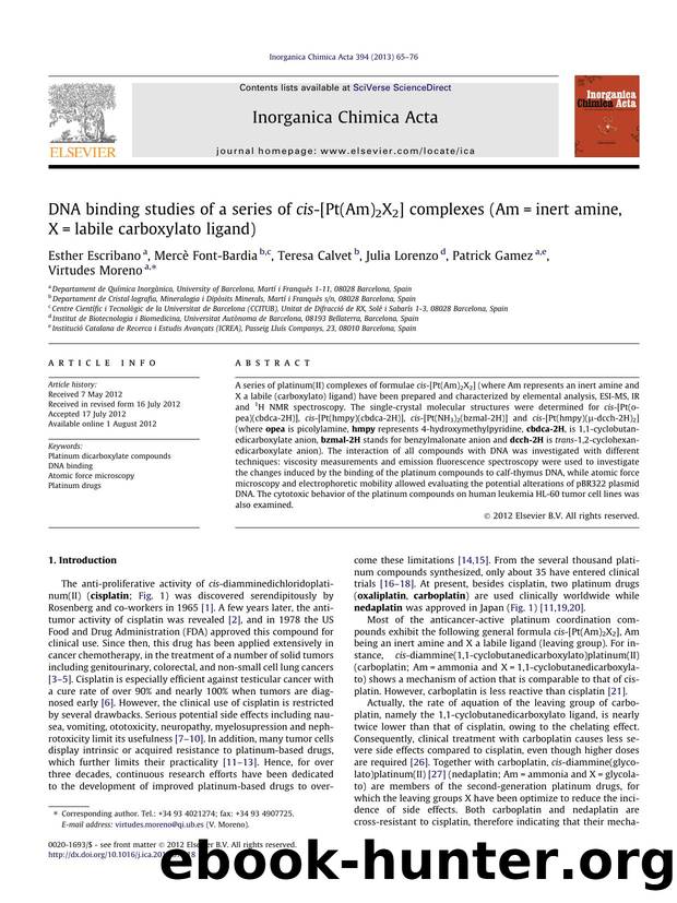 DNA binding studies of a series of cis-[Pt(Am)2X2] complexes (Am=inert amine, X=labile carboxylato ligand) by unknow