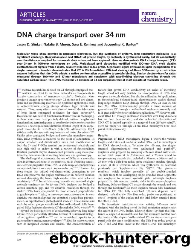DNA charge transport over 34ânm by Jason D. Slinker & Natalie B. Muren & Sara E. Renfrew & Jacqueline K. Barton