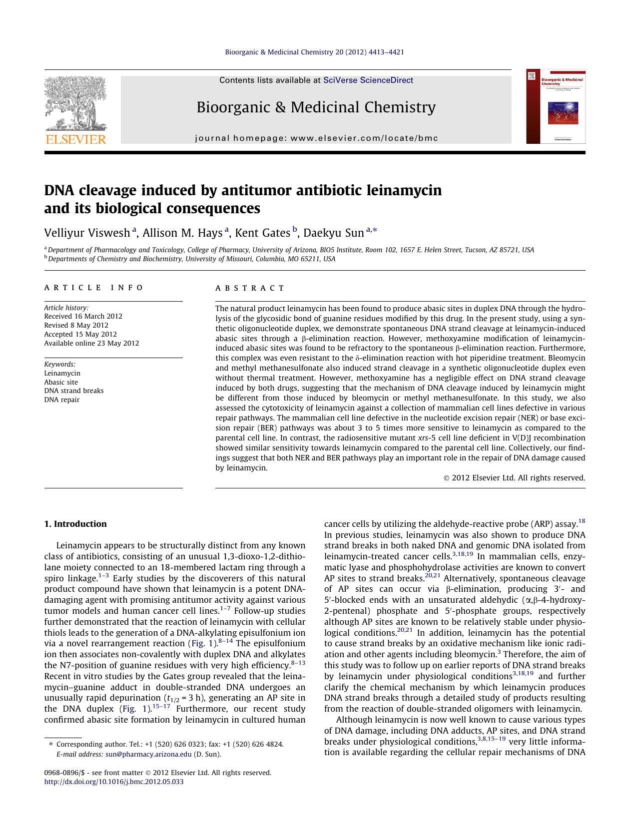 DNA cleavage induced by antitumor antibiotic leinamycin and its biological consequences by Velliyur Viswesh & Allison M. Hays & Kent Gates & Daekyu Sun