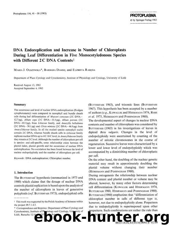 DNA endoreplication and increase in number of chloroplasts during leaf differentiation in five monocotyledonous species with different 2 C DNA contents by Unknown