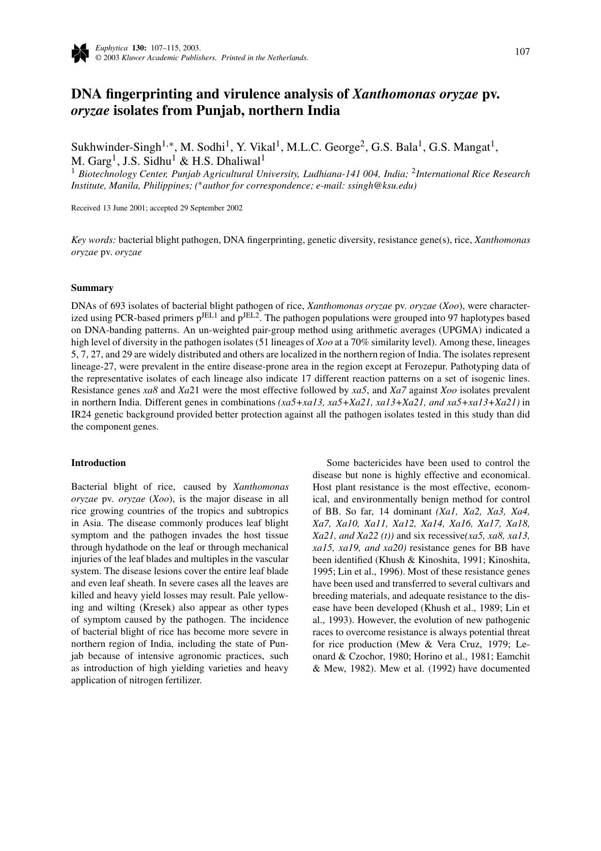 DNA fingerprinting and virulence analysis of <Emphasis Type="Italic">Xanthomonas oryzae<Emphasis> pv. <Emphasis Type="Italic">oryzae<Emphasis> isolates from Punjab, northern India by Unknown