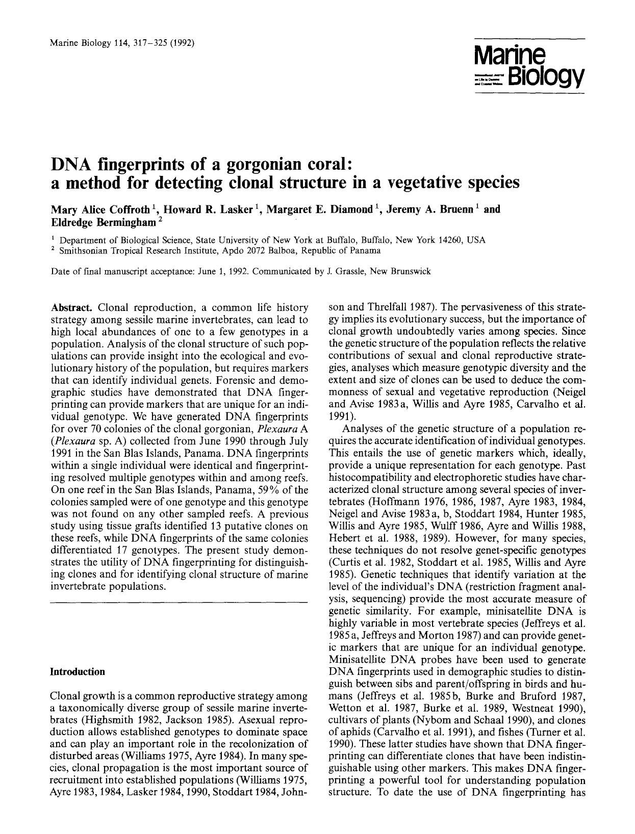 DNA fingerprints of a gorgonian coral: a method for detecting clonal structure in a vegetative species by Unknown