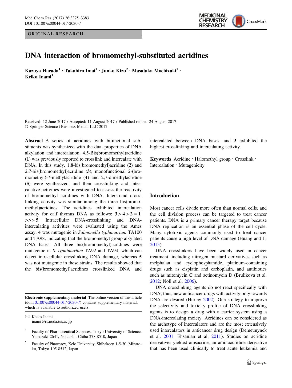 DNA interaction of bromomethyl-substituted acridines by Kazuya Harada & Takahiro Imai & Junko Kizu & Masataka Mochizuki & Keiko Inami