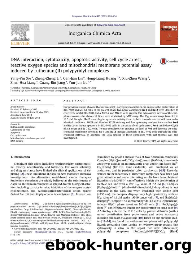 DNA interaction, cytotoxicity, apoptotic activity, cell cycle arrest, reactive oxygen species and mitochondrial membrane potential assay induced by ruthenium(II) polypyridyl complexes by unknow