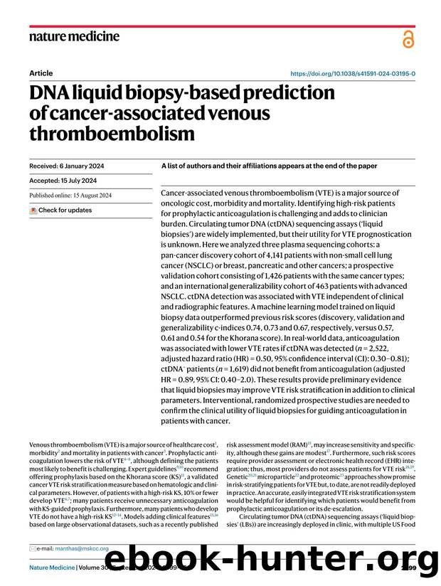 DNA liquid biopsy-based prediction of cancer-associated venous thromboembolism by unknow