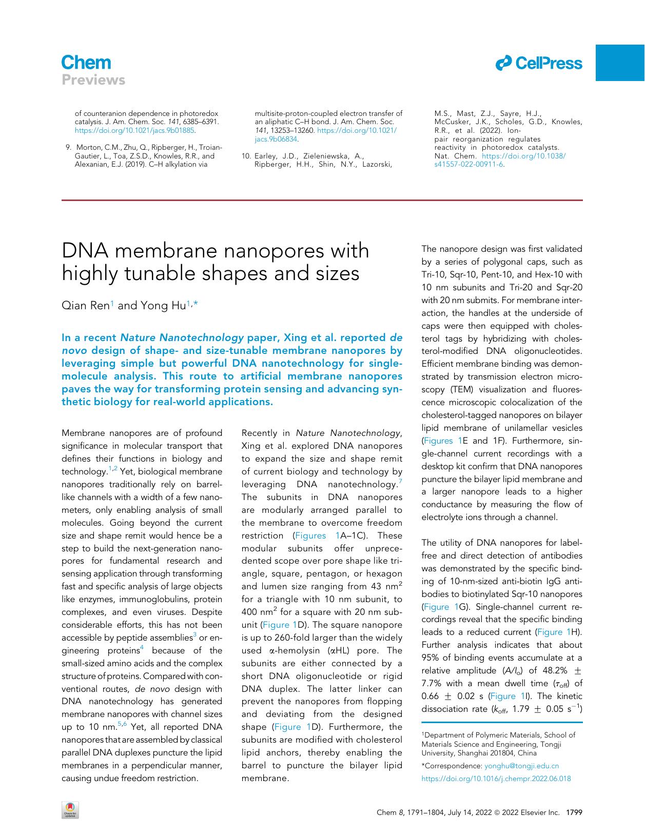 DNA membrane nanopores with highly tunable shapes and sizes by Qian Ren & Yong Hu