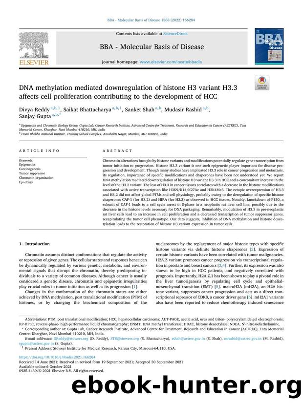 DNA methylation mediated downregulation of histone H3 variant H3.3 affects cell proliferation contributing to the development of HCC by Divya Reddy & Saikat Bhattacharya & Sanket Shah & Mudasir Rashid & Sanjay Gupta