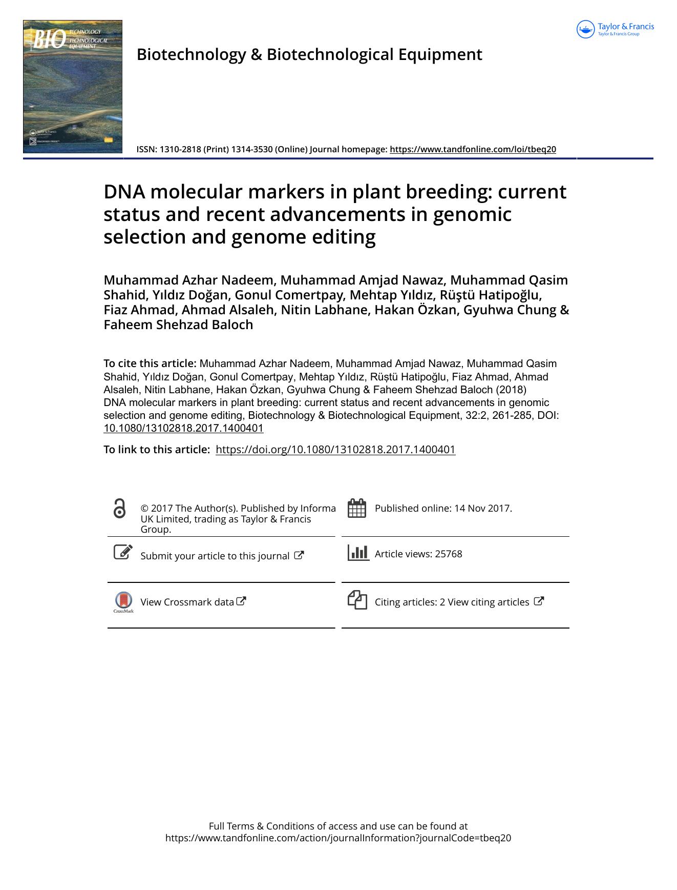 DNA molecular markers in plant breeding: current status and recent advancements in genomic selection and genome editing by unknow